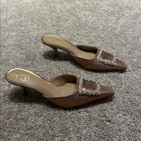 Sam Edelman 9 Kitten Heel Mule Beaded Metallic Gold Bronze Gorgeous shoe 2” - Picture 9 of 12